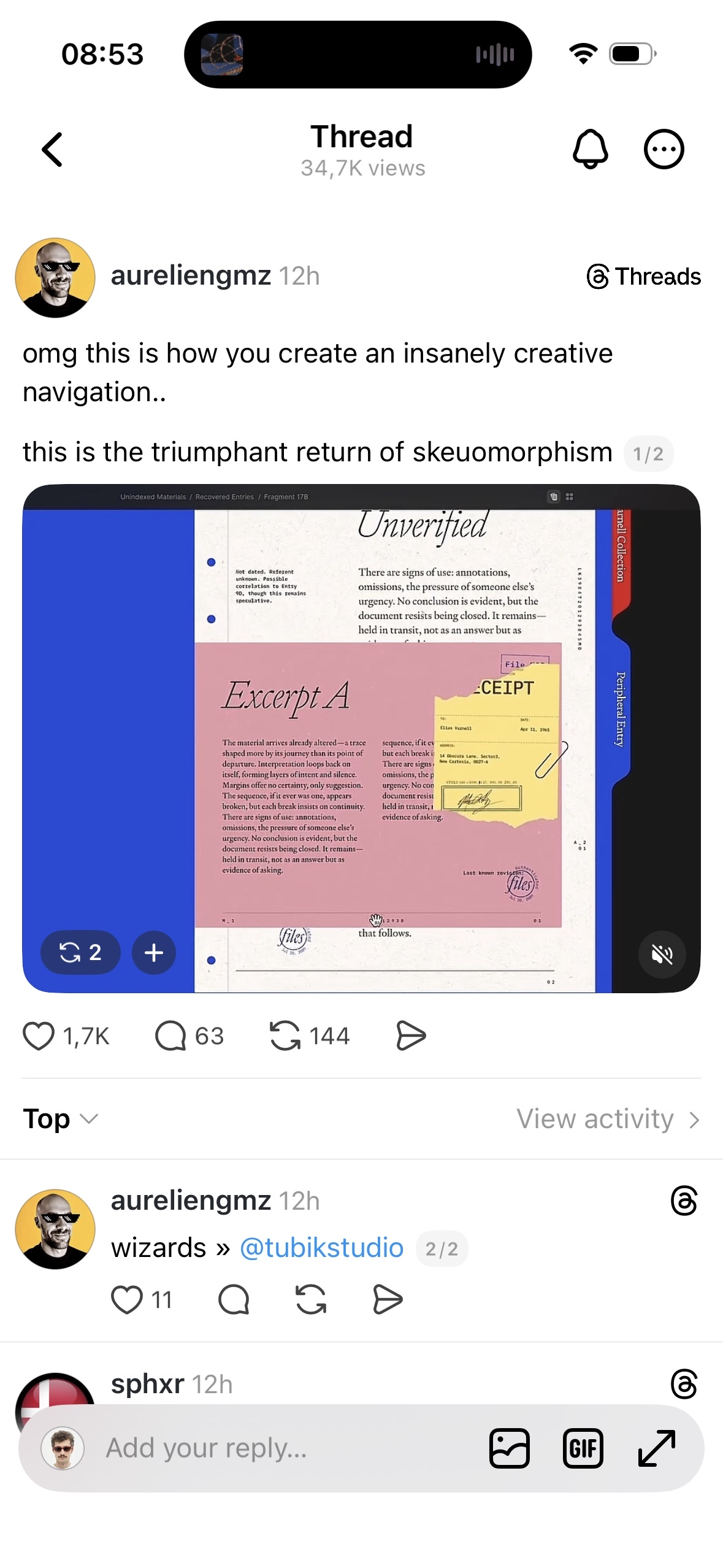 Threads post praising skeuomorphic archive navigation